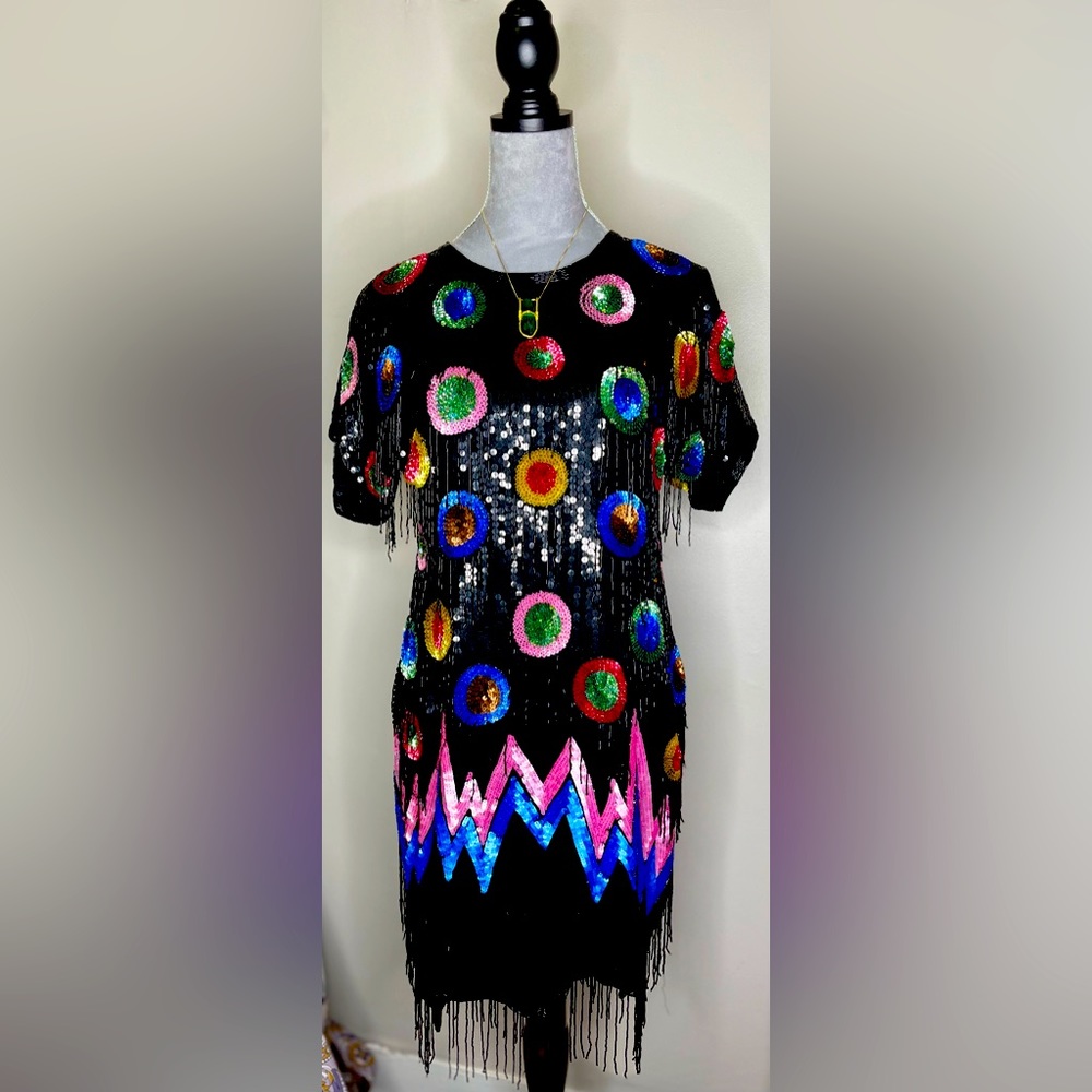 CHAMPELLYSE  Black silk beaded vintage multicolor party cocktail dress size S/M